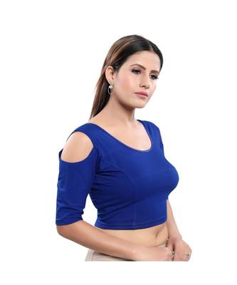 Cotton Lycra Blend Stretchable Round Neck Royal-Blue Blouse 3