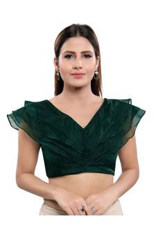 Silk Blend Padded V-Neck Green Blouse