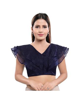 Silk Blend Padded V-Neck Navy-Blue Blouse 1