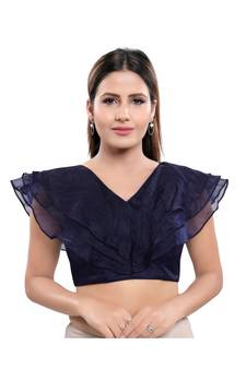 Silk Blend Padded V-Neck Navy-Blue Blouse