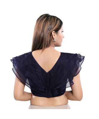 Silk Blend Padded V-Neck Navy-Blue Blouse 2