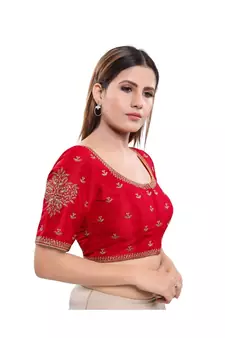 Art Silk Padded Round Neck Red Blouse