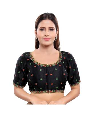 Art Silk Padded Round Neck Black Blouse 1