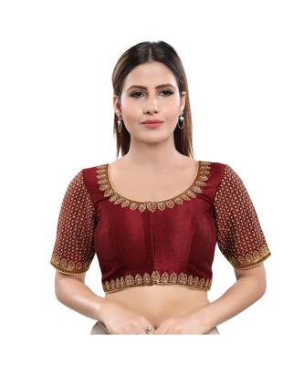 Art Silk Padded Round Neck Dark-Maroon Blouse 1