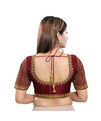 Art Silk Padded Round Neck Dark-Maroon Blouse 2