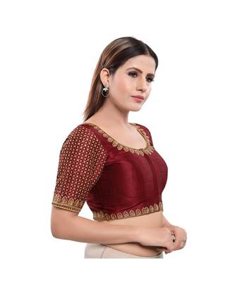 Art Silk Padded Round Neck Dark-Maroon Blouse 3