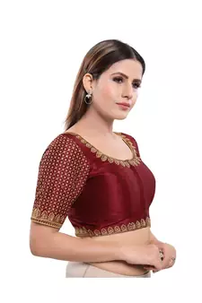Art Silk Padded Round Neck Dark-Maroon Blouse