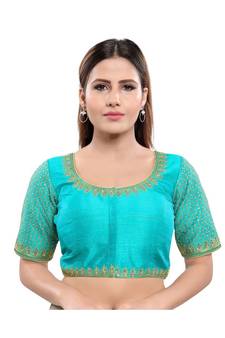 Art Silk Padded Round Neck Rama-Green Blouse