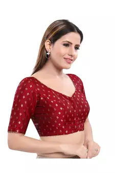 Jacquard Padded V-Neck Maroon Blouse