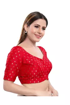 Jacquard Padded V-Neck Red Blouse