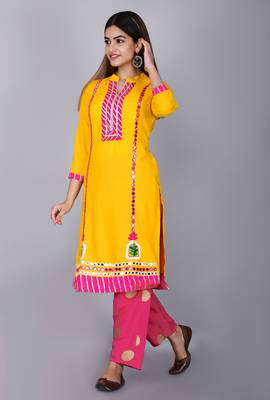 Yellow embroidered rayon kurtas-and-kurtis 4