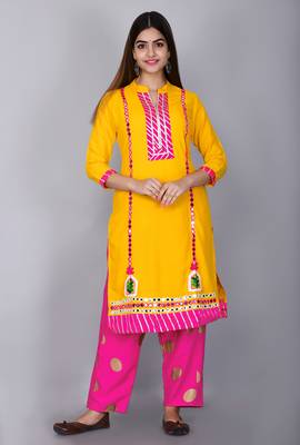 Yellow embroidered rayon kurtas-and-kurtis 5