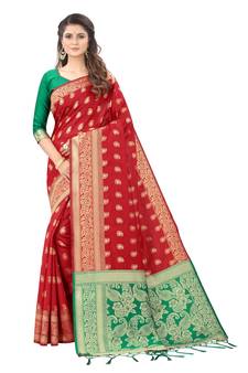Red Woven Art Silk  Silk Blend Saree With Blouse