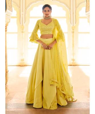 Silk Lehenga with Chiffon Dupatta Having Mirror Work on Borders Paired with Mirror Work Satin Silk Blouse 1