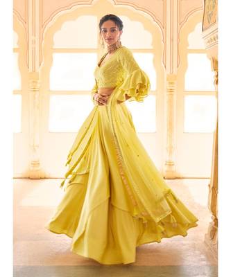 Silk Lehenga with Chiffon Dupatta Having Mirror Work on Borders Paired with Mirror Work Satin Silk Blouse 2