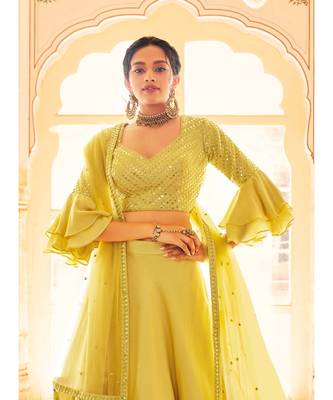 Silk Lehenga with Chiffon Dupatta Having Mirror Work on Borders Paired with Mirror Work Satin Silk Blouse 3
