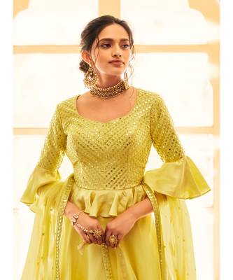 Silk Lehenga with Chiffon Dupatta Having Mirror Work on Borders Paired with Mirror Work Satin Silk Blouse 4