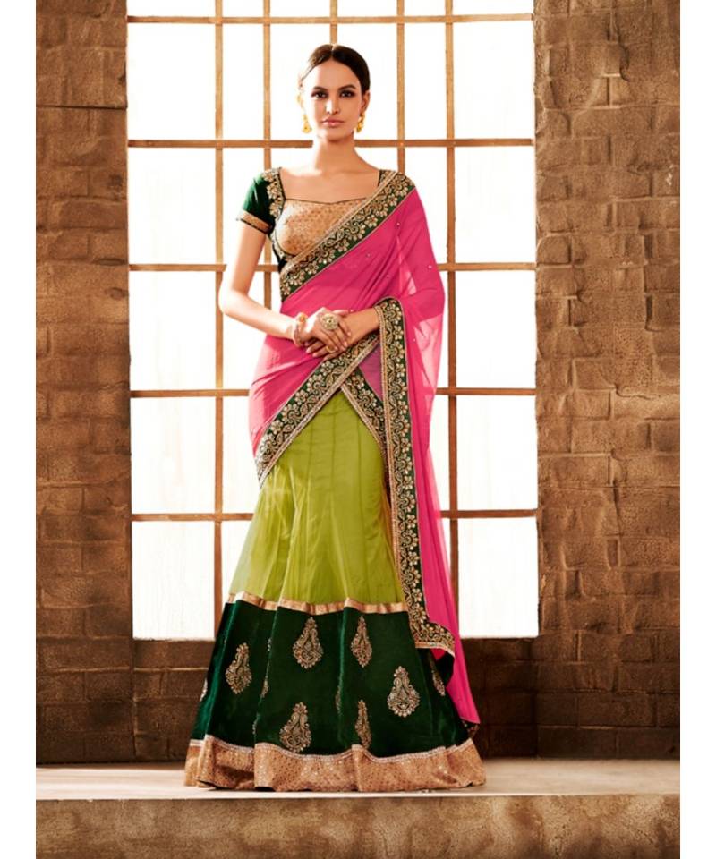 Net lehanga with dupion blose and chiffon dupatta
