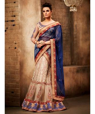 beige raschel net lehenga saree with self embroidery thread work 1