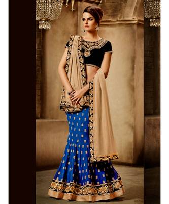 Royal blue georgette lehenga saree with all over zari butis in pearl paired with beige smoked premium chiffon dupatta 1