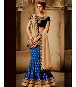 Royal blue georgette lehenga saree with all over zari butis in pearl paired with beige smoked premium chiffon dupatta