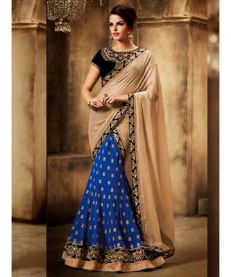 Royal blue georgette lehenga saree with all over zari butis in pearl paired with beige smoked premium chiffon dupatta 3