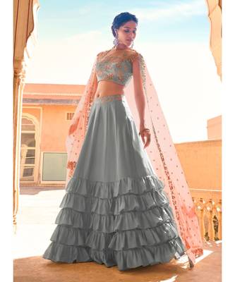 Brown Colour Strech Jersy Layered Lehenga with Matching Net Cutwork Dupatta Paired with Same Colour Satin Silk Blouse 8