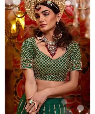 green handloom silk lehenga with resham and zari work having light green net embroidered dupatta 3