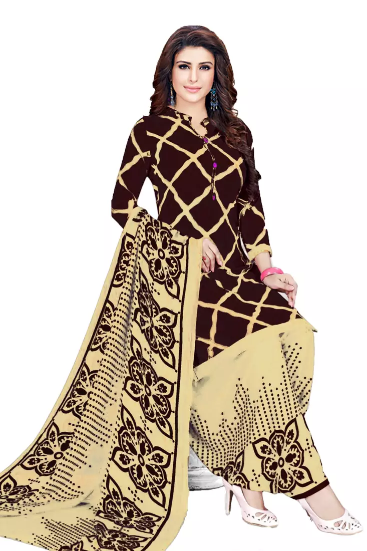 Brown Floral Print Leon Unstitched Salwar Kameez
