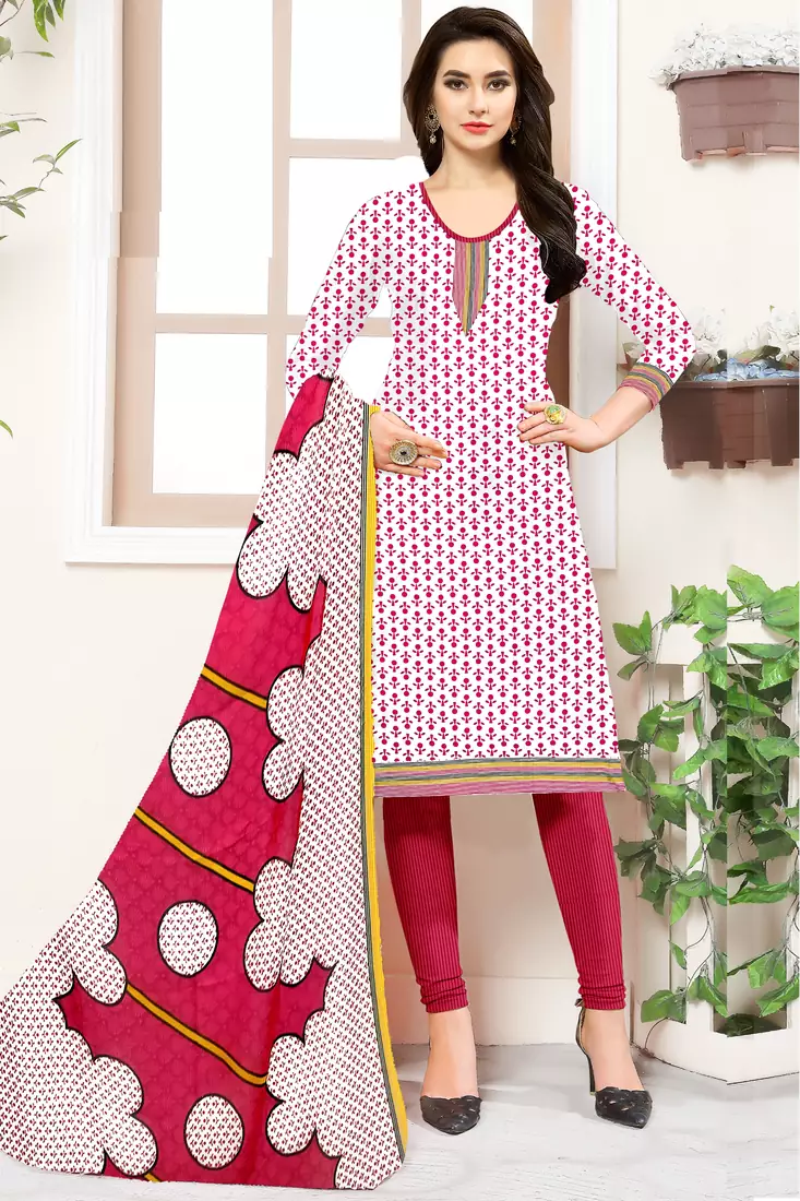 White Floral Print Leon Unstitched Salwar Kameez