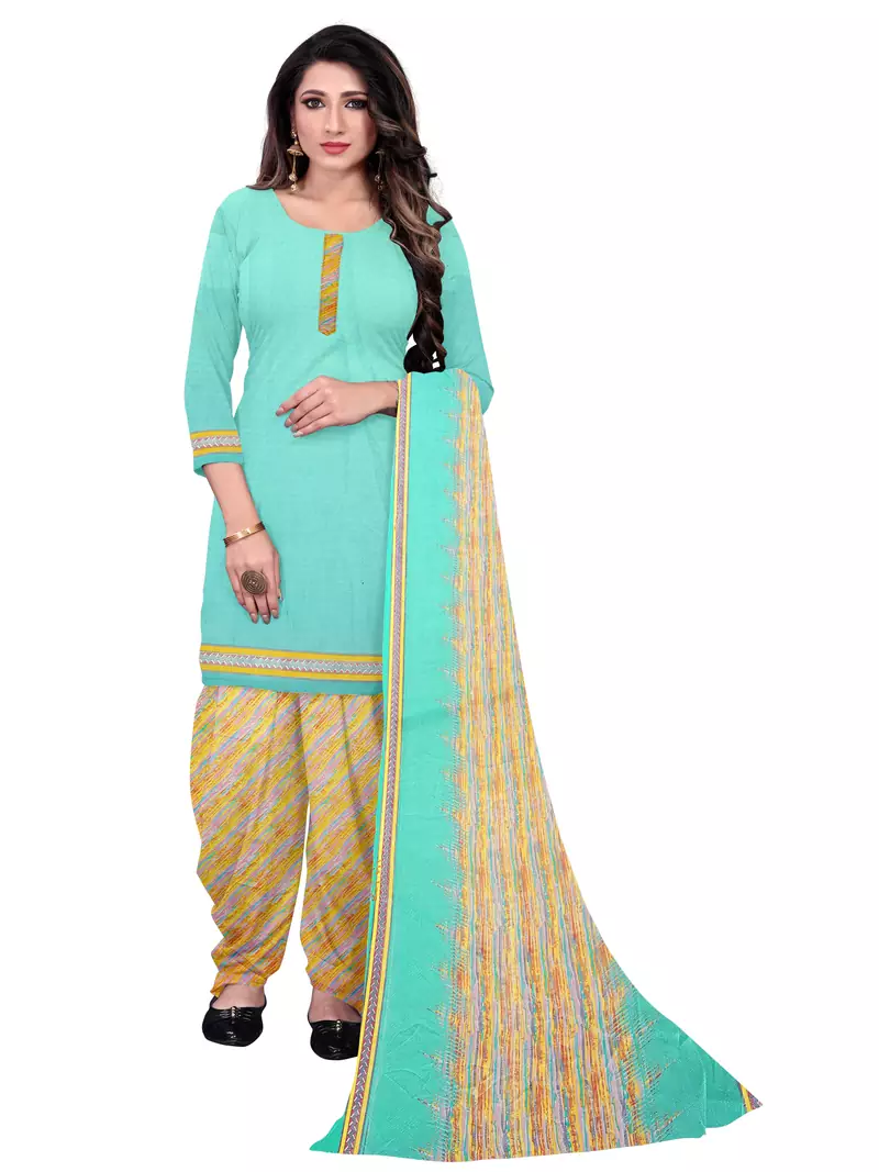 Aqua-Blue Printed Leon Unstitched Salwar Kameez