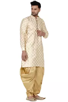Beige printed banarasi men-kurtas