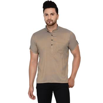 Beige plain rayon men-kurtas 1