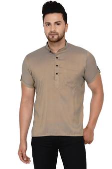Beige plain rayon men-kurtas