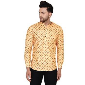 Beige printed cotton men-kurtas 1