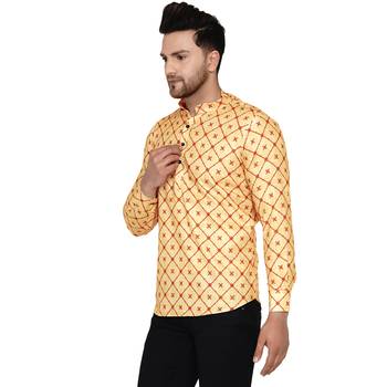 Beige printed cotton men-kurtas 3