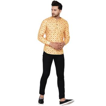 Beige printed cotton men-kurtas 5