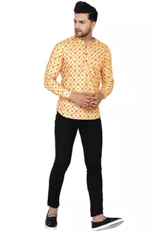 Beige printed cotton men-kurtas