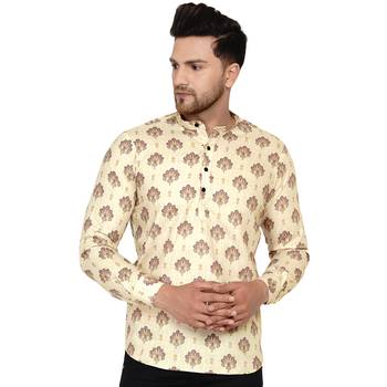 Beige printed cotton men-kurtas 1