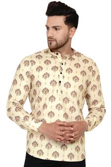 Beige printed cotton men-kurtas