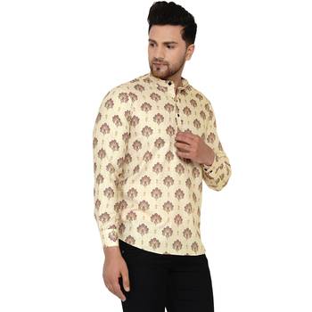 Beige printed cotton men-kurtas 2