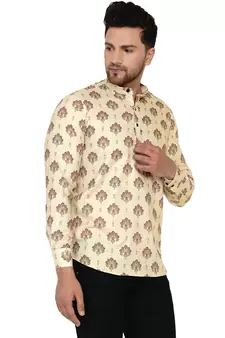 Beige printed cotton men-kurtas