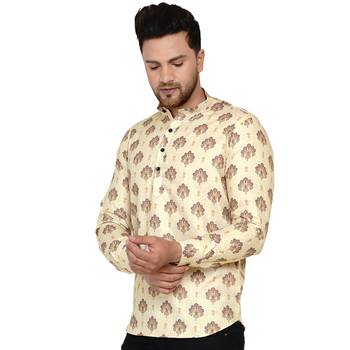 Beige printed cotton men-kurtas 3