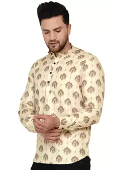 Beige printed cotton men-kurtas