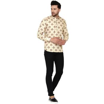 Beige printed cotton men-kurtas 5