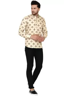Beige printed cotton men-kurtas