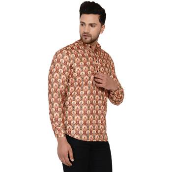 Beige printed cotton men-kurtas 2