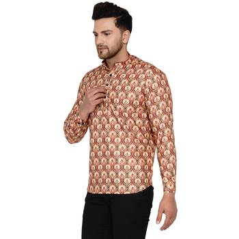 Beige printed cotton men-kurtas 3