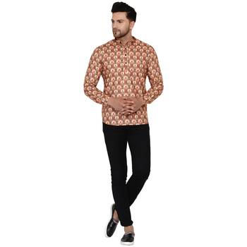Beige printed cotton men-kurtas 5