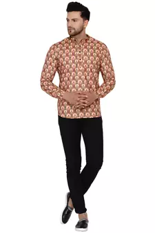 Beige printed cotton men-kurtas